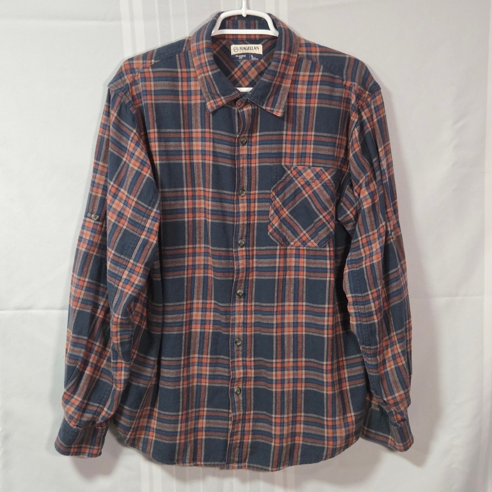 Magellan Flannel Shirt Men L Blue Orange Plaid Classic Fit Long Sleeve Button Up